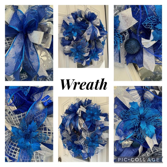 Blue and Silver Wreath & Christmas Garland Holiday Home Decor, Front Door Hanger - Picture 5 of 11